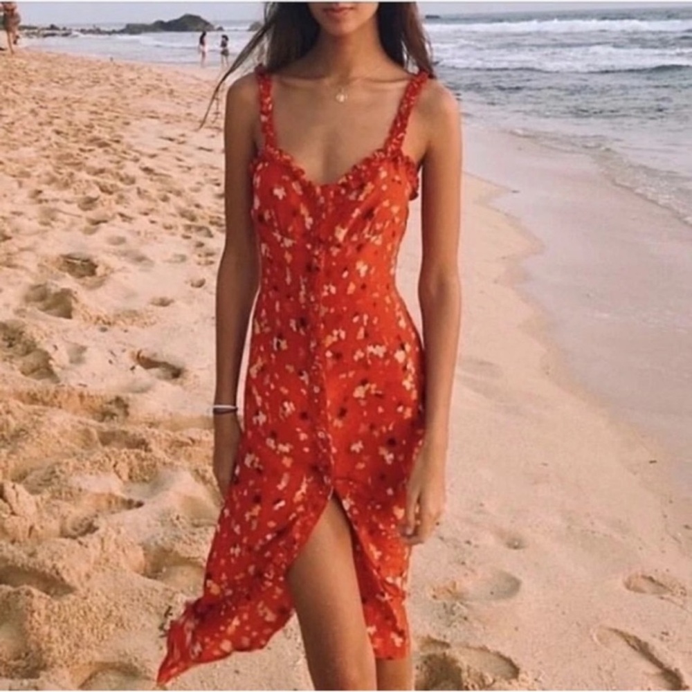 Realisation Par The Juliet Button Front Silk Midi Floral Dress Rouge Fleur - Picture 4 of 12